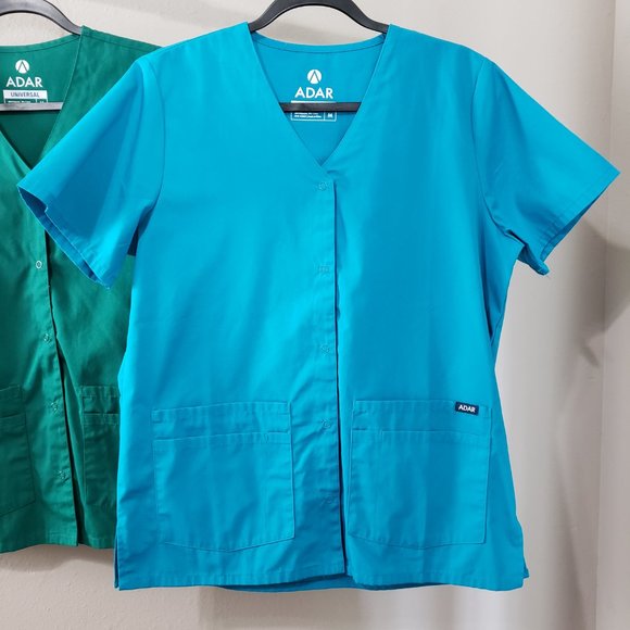 Adar Hunter Green Teal Blue Double Pocket Snap Front Scrub Top Bundle Medium - Picture 3 of 12